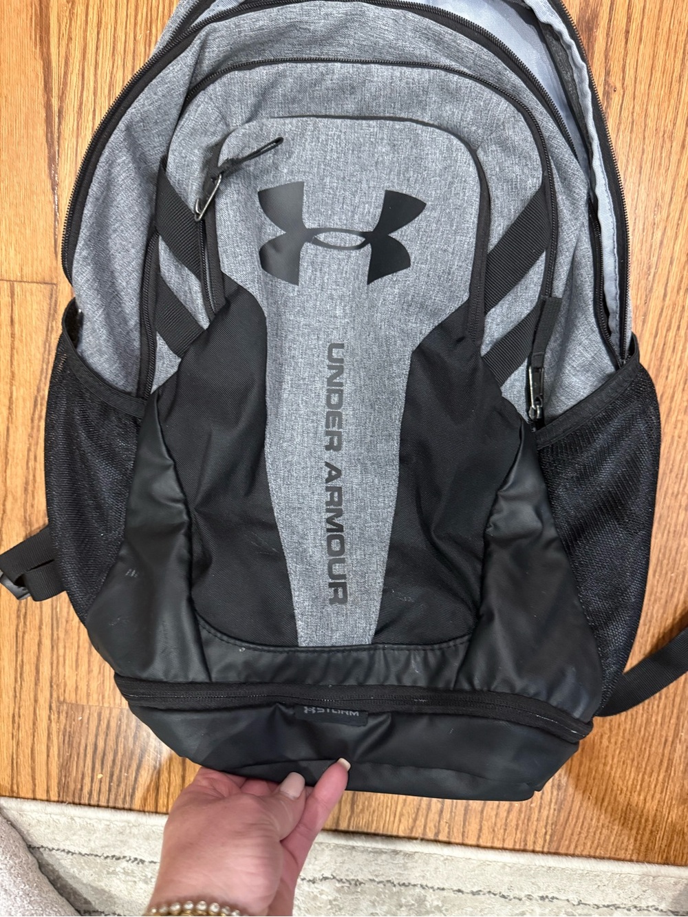 Under Armour Hustle Storm Backpack Gray Black Water-Resistant